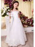 Off Shoulder Ivory Lace Applique Tulle Flower Girl Dress